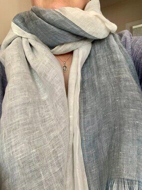 Silk and Linen Blend Two Tone Scarf in Natural White and Grey-Blue